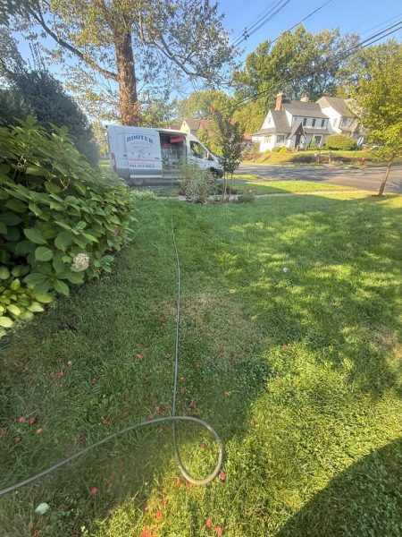 The hose run down a lawn past a hedge toward the street, with houses beyond.