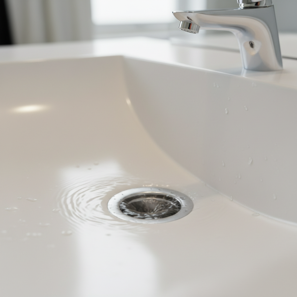 A close-up, photographic realism shot of a bathroom sink drain with water swirling smoothly into a spotless chrome strainer, indicating a freshly cleared drain. The porcelain basin is bright white with subtle reflections, and tiny droplets cling to the sides. Soft overhead lighting and diffused daylight from an unseen window create gentle highlights on the chrome and a clean, hygienic atmosphere. Captured from a slightly elevated angle with a shallow depth of field, the drain opening is in crisp focus while the faucet and countertop blur softly in the background. The mood is reassuring, fresh, and professional, ideal for illustrating effective drain cleaning results.