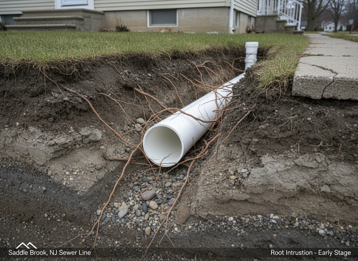 A cross-section style, photographic realism scene of a buried residential sewer line running beneath a small front yard in Saddle Brook, NJ, with tree roots delicately encircling but not yet invading the pipe. The PVC or clay pipe is shown in cutaway, crystal-clear and unobstructed, surrounded by layered soil and small stones. Above ground, a modest home foundation and a sidewalk are partially visible. Soft, diffused daylight from an overcast sky lends a neutral, technical feel. The composition is balanced, with the pipe running diagonally across the frame, emphasizing depth. The mood is informative and professional, ideal for explaining root intrusion and rooter service.