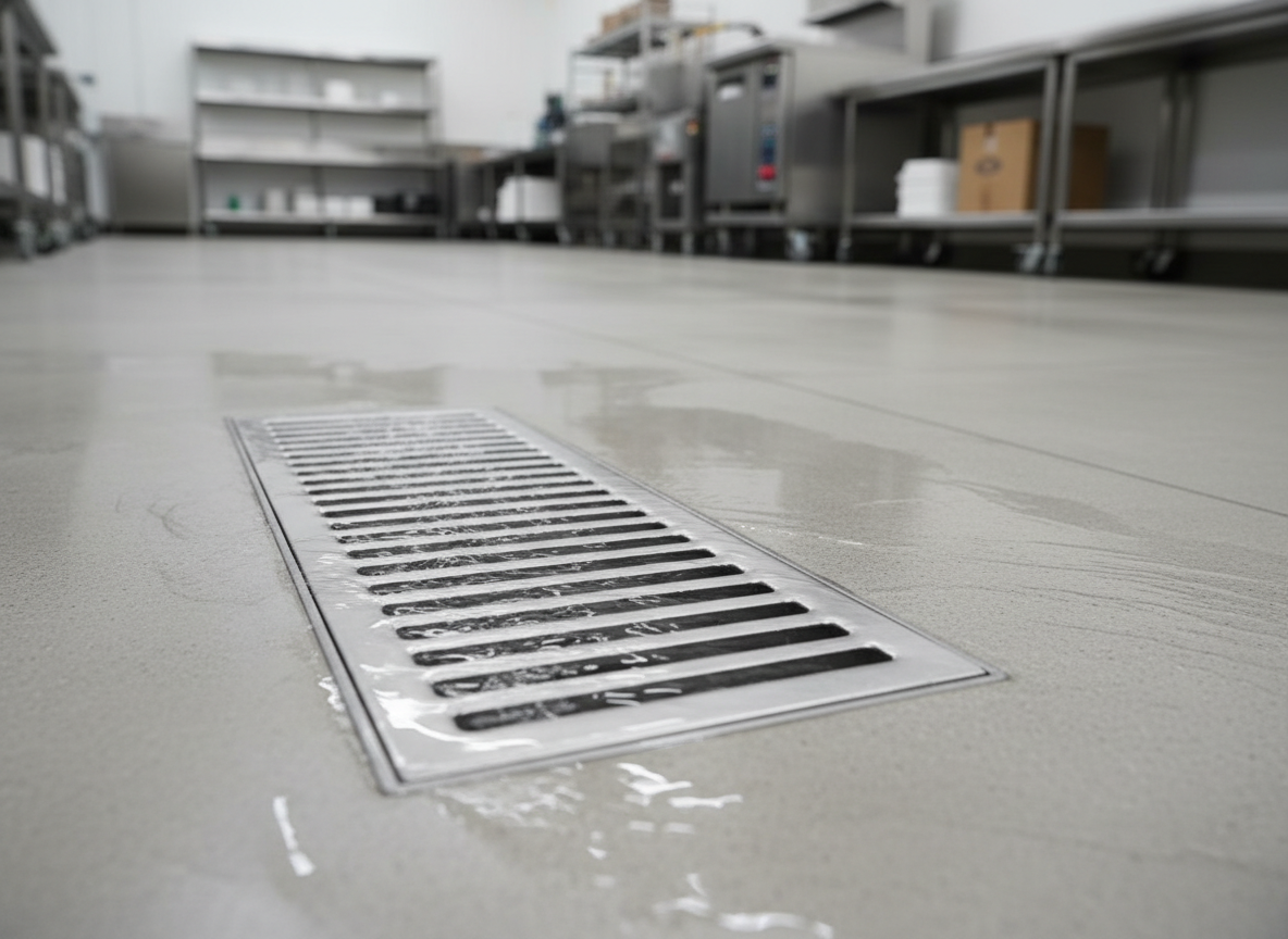 An immaculate commercial floor drain set into smooth, light-gray concrete in a warehouse or restaurant kitchen environment, with water flowing efficiently toward the grated opening, showing no signs of backup. The stainless-steel grate has crisp, linear patterns and faint reflections. Overhead industrial LED lighting casts clean, neutral light with minimal shadow, conveying a sense of reliability and compliance. Shot from a low, three-quarter angle with the drain positioned by the rule of thirds, the long lines of the floor lead the eye toward the background, where equipment and shelving are softly out of focus. The photographic, clean and modern style communicates professional commercial drain maintenance.