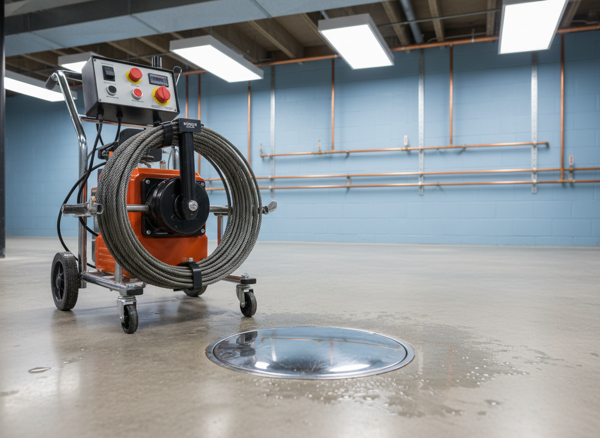 A gleaming stainless steel drain cleanout in a spotless residential basement floor, with a heavy-duty professional rooter drain machine positioned nearby, its coiled cable neatly looped and the control panel clearly visible. The concrete floor is slightly damp but clean, reflecting the metallic surfaces. Bright, even workshop-style LED lighting eliminates harsh shadows, emphasizing a professional, trustworthy atmosphere. Shot at eye level with sharp focus throughout, the background shows neatly organized plumbing pipes along a painted cinderblock wall. The photographic realism and clean, modern composition convey fast, reliable drain cleaning service without clutter or distractions, perfect for a professional home-services website hero image.