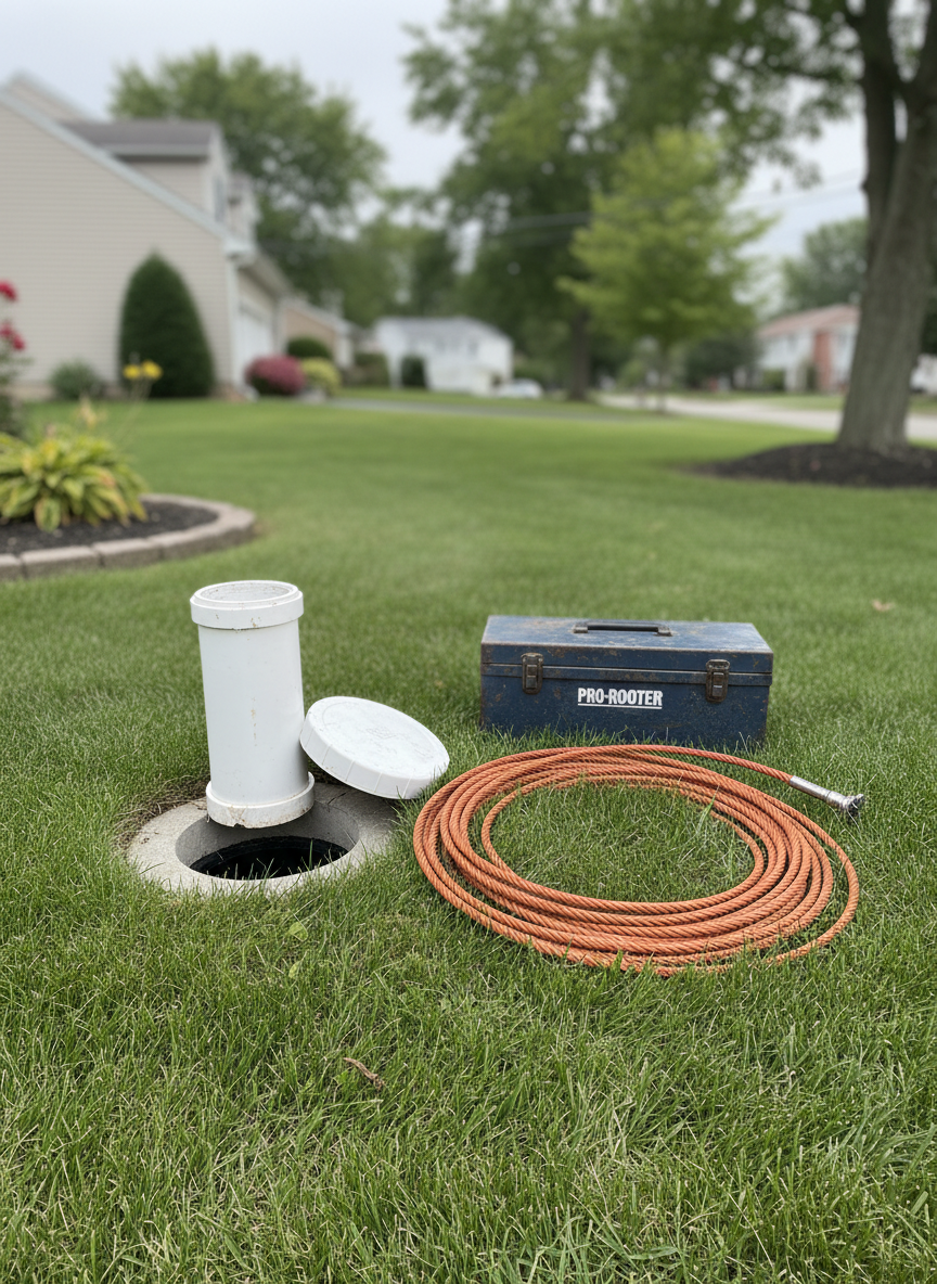 An outdoor residential cleanout access cap made of sturdy white PVC, freshly unscrewed to reveal a clean, open sewer line, surrounded by neatly trimmed green grass in a suburban New Jersey yard. Nearby, a thick, coiled drain cleaning cable rests on the grass next to a durable toolbox labeled with subtle, generic branding. Overcast natural light creates soft, shadowless illumination, emphasizing clarity and reliability. Photographic realism from a slightly low, close perspective makes the cleanout and cable the focal point, with homes and trees rendered as a soft bokeh background. The mood is calm, efficient, and professional, emphasizing readiness for fast rooter service.